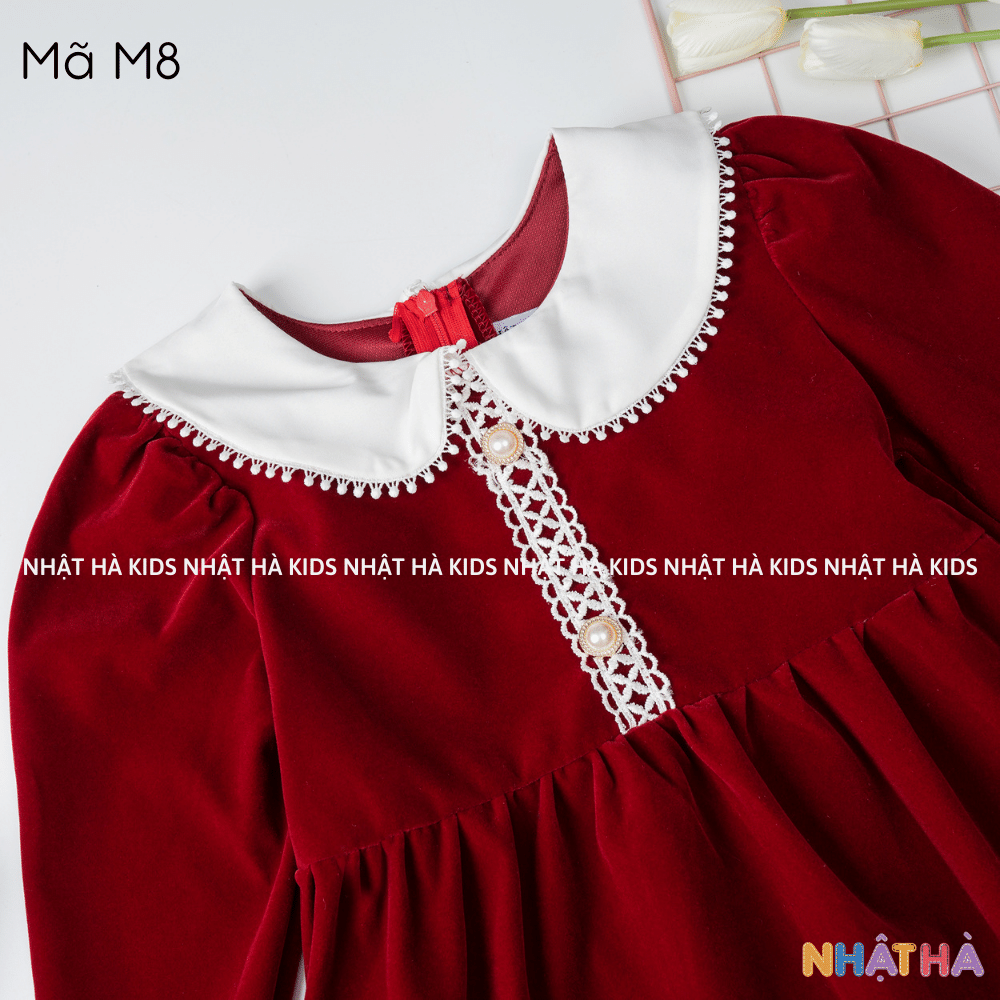 Váy đỏ cho bé gái M8 chát liêu nhung tuyết cổ điệu size đại 11-45kg cho bé