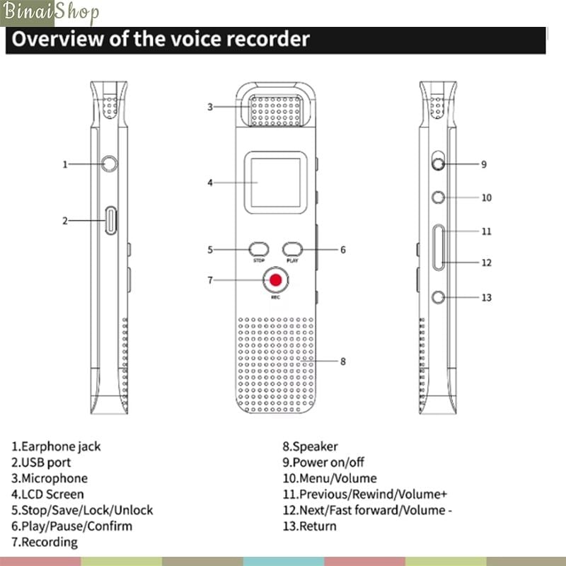 Ruizu V01 / V02 - Máy Ghi Âm Đa Hướng 1536 Kbps, Giảm Tiếng Ồn, Thời Lượng Ghi 11H (64GB) - Hàng Chính Hãng