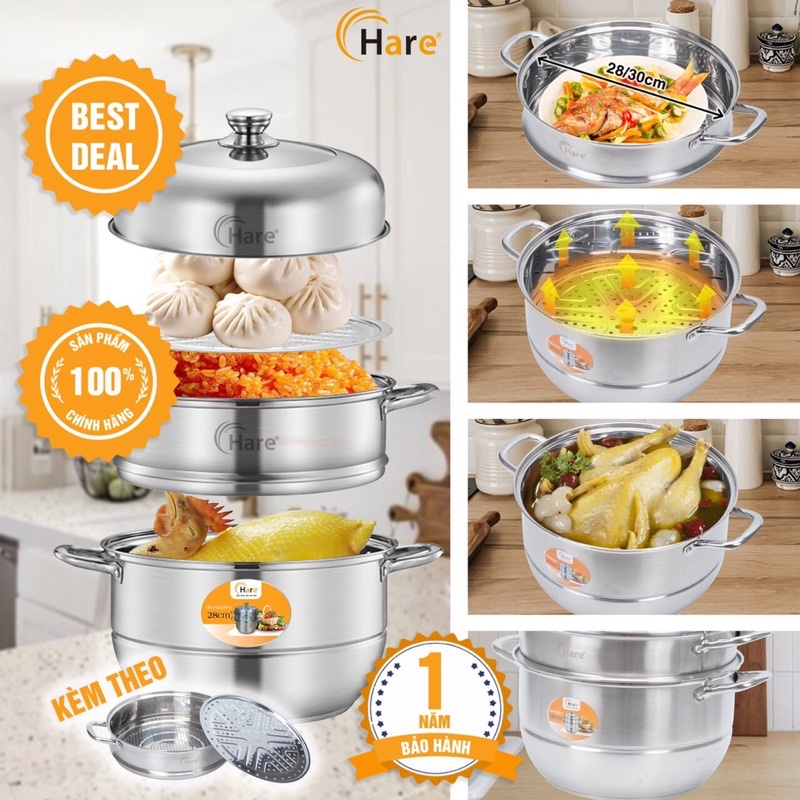 Bộ nồi hấp inox cao cấp đáy từ 3 tầng vung kính - thương hiệu Hare -  lỗi 1 đổi 1