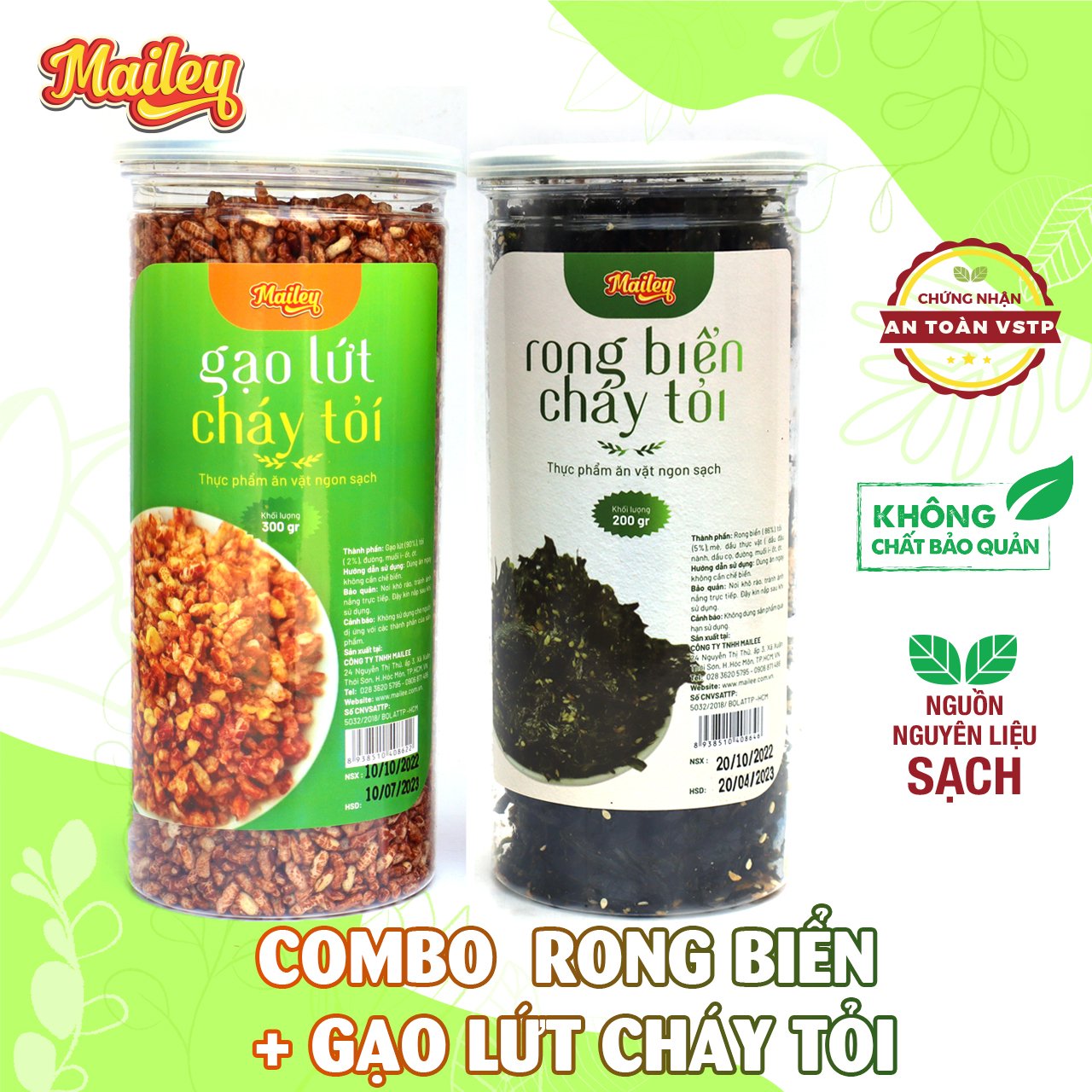 Combo Rong biển cháy tỏi 200g và Cốm gạo lứt cháy tỏi 300g ăn liền Mailey