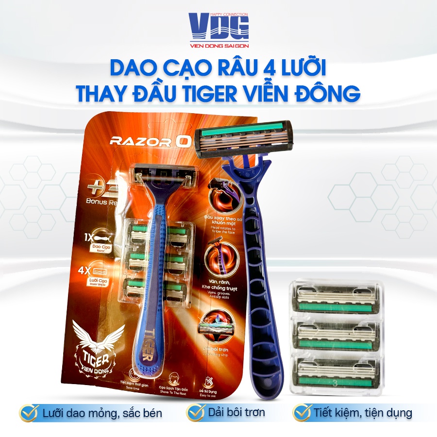 Combo dao cạo râu 4 lưỡi thay đầu Tiger Viễn Đông kèm 3 đầu lưỡi dao thay - Dải bôi trơn lưỡi dao sắc bén giảm ma sát kích ứng da - Viễn Đông Sài Gòn