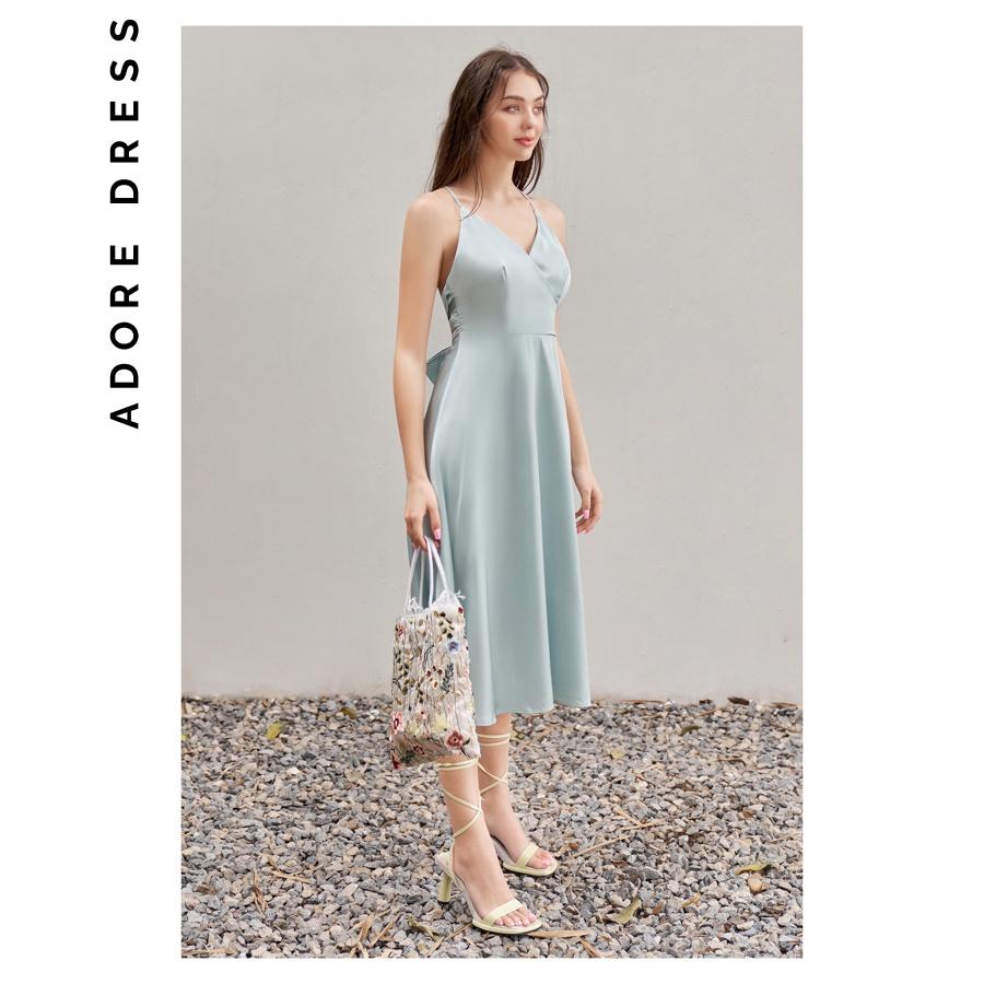 Đầm mini 2 dây nhún ngực lụa xanh olive 1VA6016 ADORE DRESS