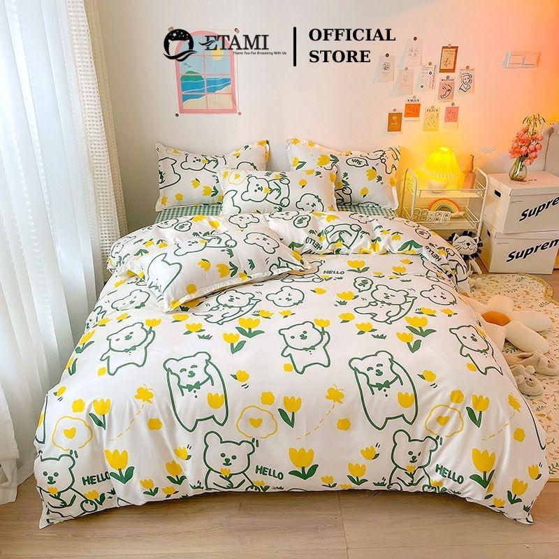 Bộ chăn ga gối đệm cao cấp cotton poly gấu vàng hoa cute miễn phí bo chun drap giường , ga trải giường P20