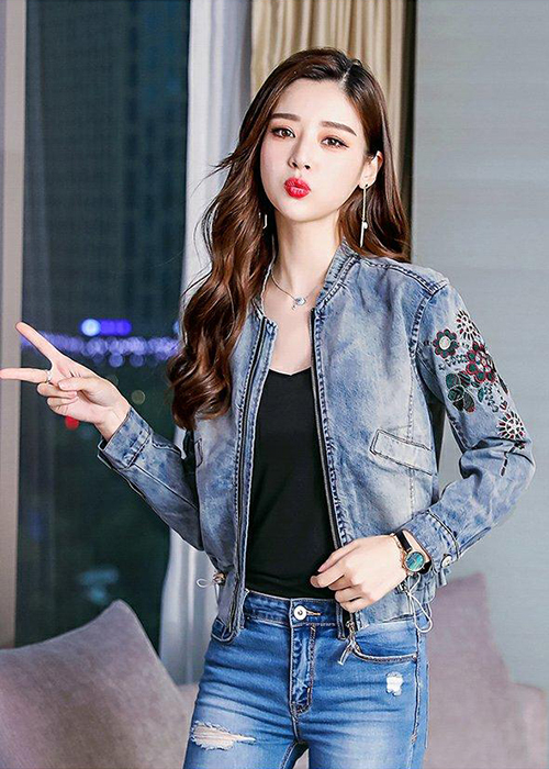 Áo Khoác Jean Nữ Thêu Hoa Dài Tay Thời Trang