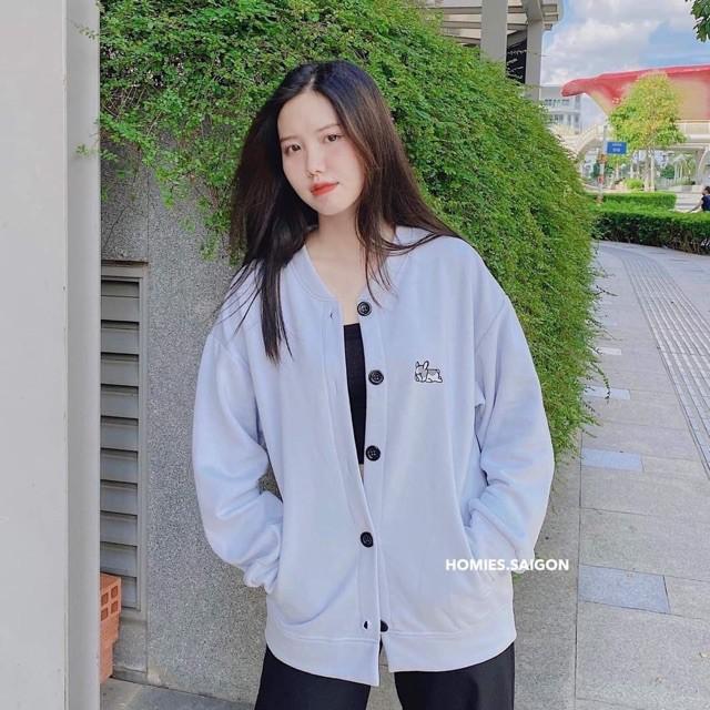 Áo Khoác Nỉ Cardigan Ulzzang Thêu Cún Cực Xinh Form Rộng, Áo Sweater Nữ Dài Tay Basic Áo Nỉ Nữ Form Rộng Style Hàn Quốc Chất Vải Da Cá Màu Trắng Đen Xám