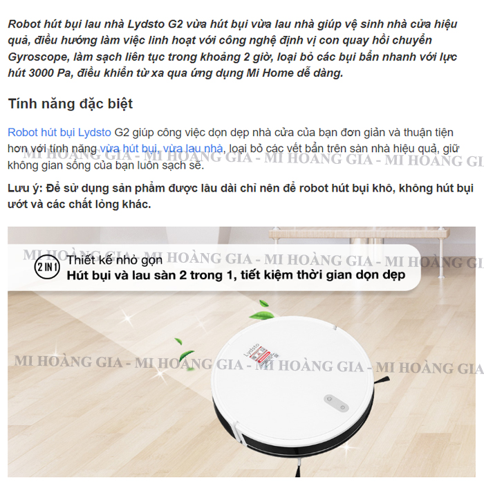 Robot hút bụi lau nhà Xiaomi Lydsto G2 kết nối app mihome bản quốc tế - Hàng nhập khẩu