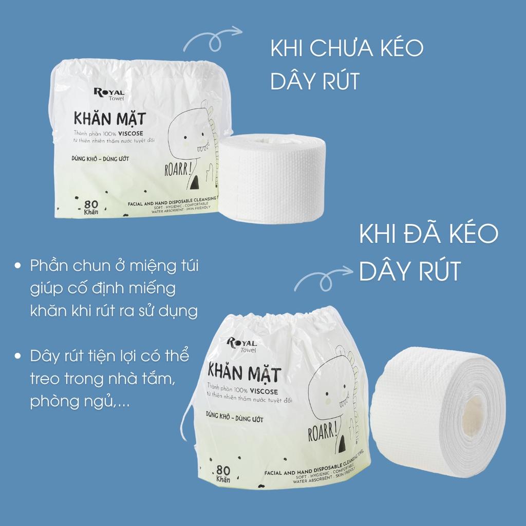 Khăn mặt khô Royal Towel dùng 1 lần lau khô lau ướt chất viscose, giấy lau mặt dùng 1 lần mềm mịn 80 khăn