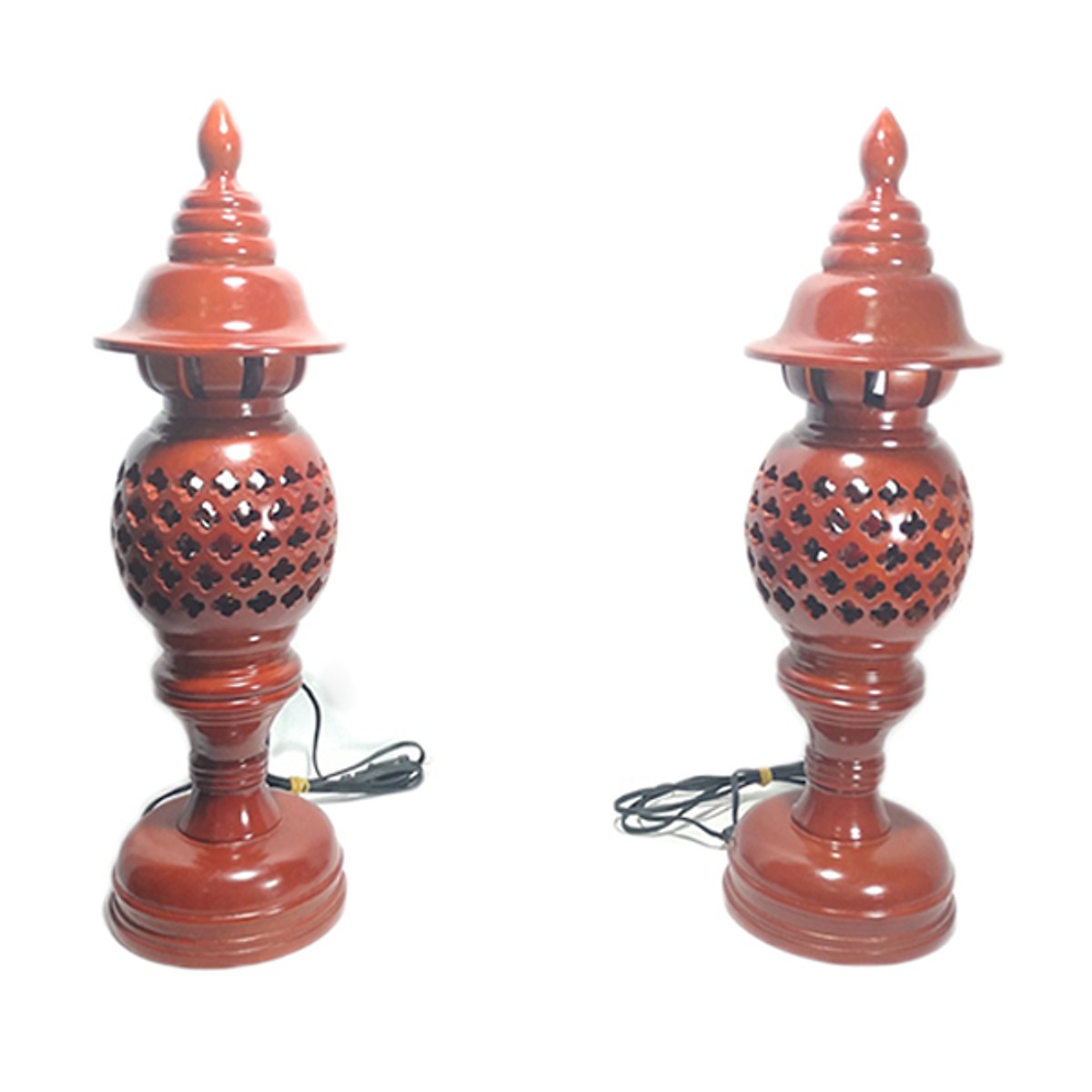 Bộ đôi đèn thờ gỗ xà cừ đỏ cao 41cm - Bao gồm bóng đèn