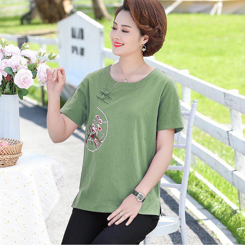 ️Áo Trung Niên️ Cho Mẹ, Mẫu Áo Trung Niên Nữ Thêu Bán Nguyệt Lụa Đũi Cổ Tròn Tay Ngắn Trẻ Trung