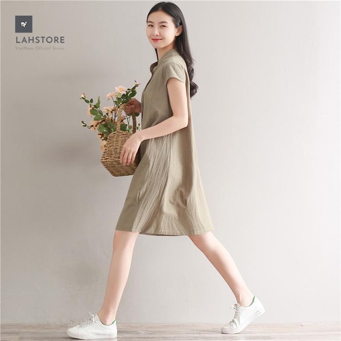 Đầm suông đũi cổ trụ LAHSTORE phối túi bên hông