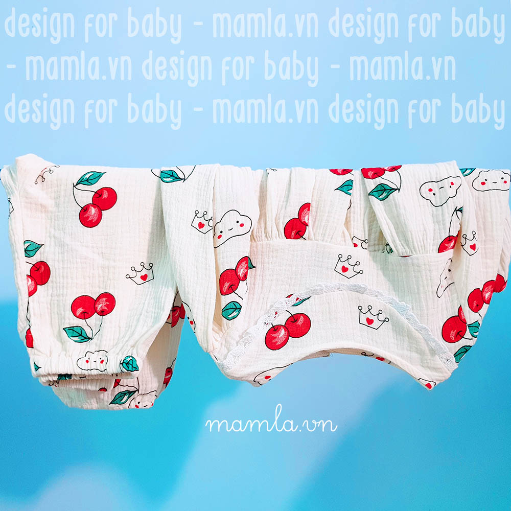 Bộ dài tay hoa nhí cổ đính viền ren vải xô muslin cao cấp cho bé gái MamLa