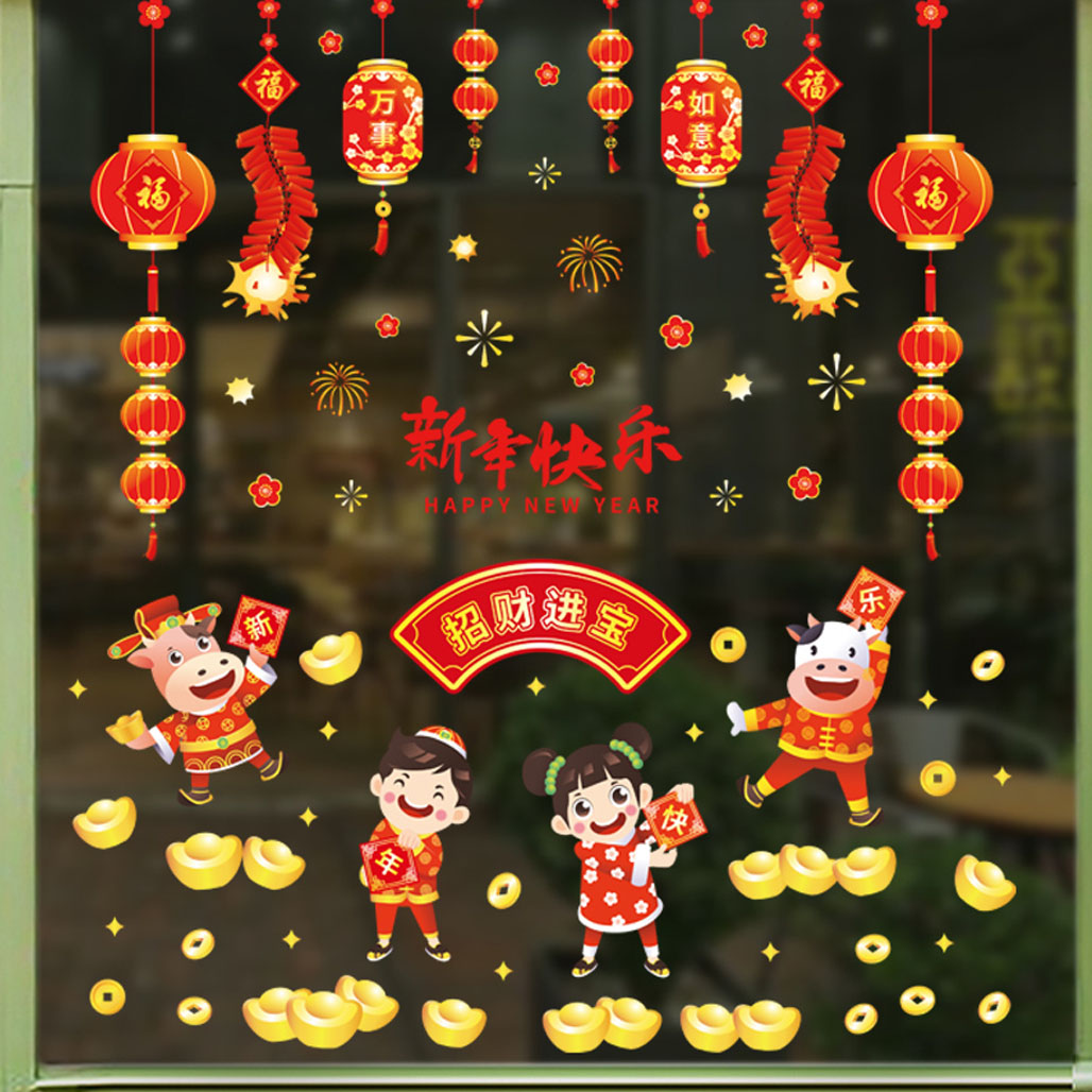 Decal dán kính trang trí Tết- Dây đèn lồng chào xuân- mã sp AMJ922