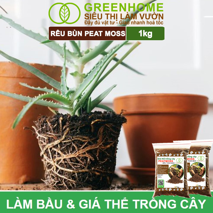 Rêu Than Bùn Peatmoss Greenhome, Bao 1kg, Giá Thể, Cân Bằng Ẩm, Trộn Đất Trồng Sen Đá, Kiểng Lá, Hoa Hồng, Ươm Hạt Giống