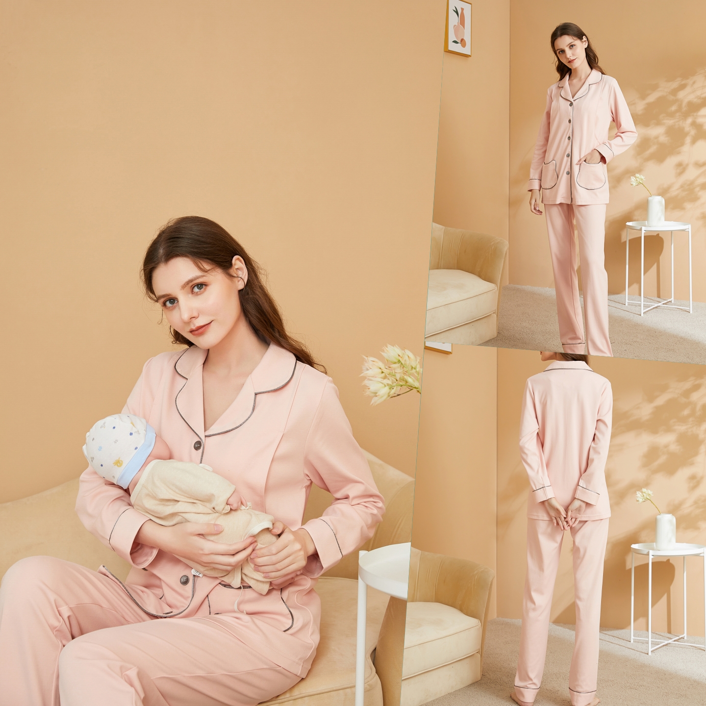 Bộ Quần Áo Sau Sinh Cho Bé Bú Cotton Úc, Hàng Đẹp Cao Cấp, Mềm Mịn, Thoáng Khí, Thấm hút mồ hôi, Thiết kế phong cách Pháp đơn giản, thanh lịch, phóng khoáng, mở áo 2 bên cho bé bú kín đáo và tiện lợi, Dây điều chỉnh kích cỡ vòng bụng, màu hồng, Mã KH01H