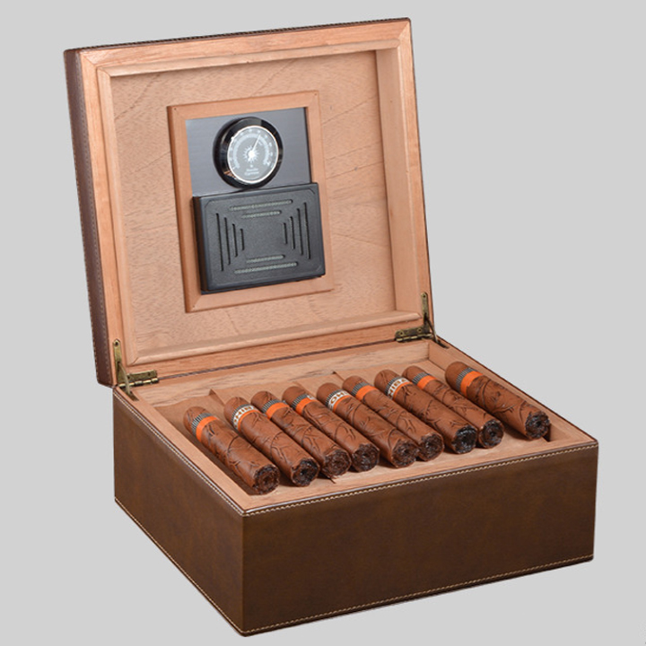 Tủ Cigar Bọc Da Có Đồng Hồ Đo Độ Ẩm Cao Cấp 26cm x 22cm - Hộp Đựng Xì Gà Mini Bảo Quản Giữ Ẩm Xì Gà Làm Quà Biếu Tặng