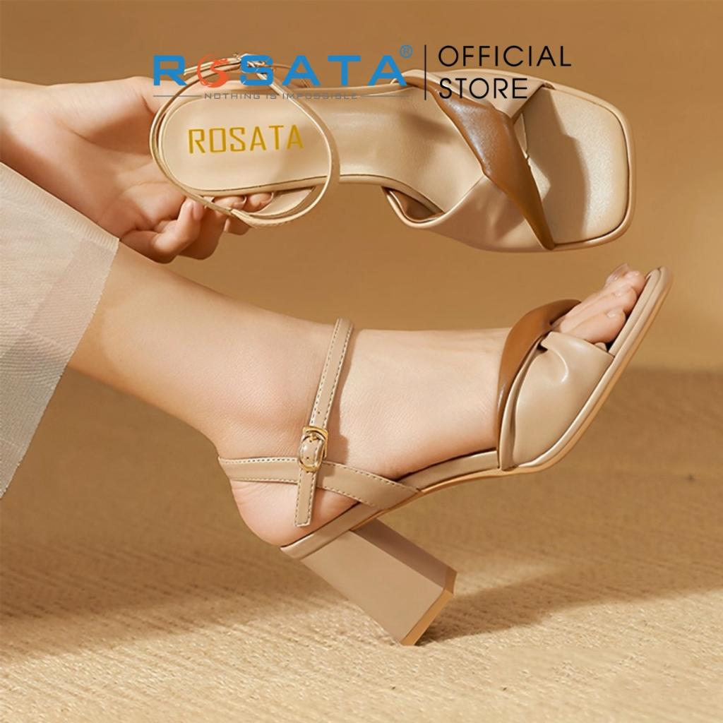 Dép sandal nữ ROSATA RO573 mũi tròn xỏ ngón phối kiểu quai hậu cài khóa dây mảnh gót vuông cao 6cm xuất xứ Việt Nam