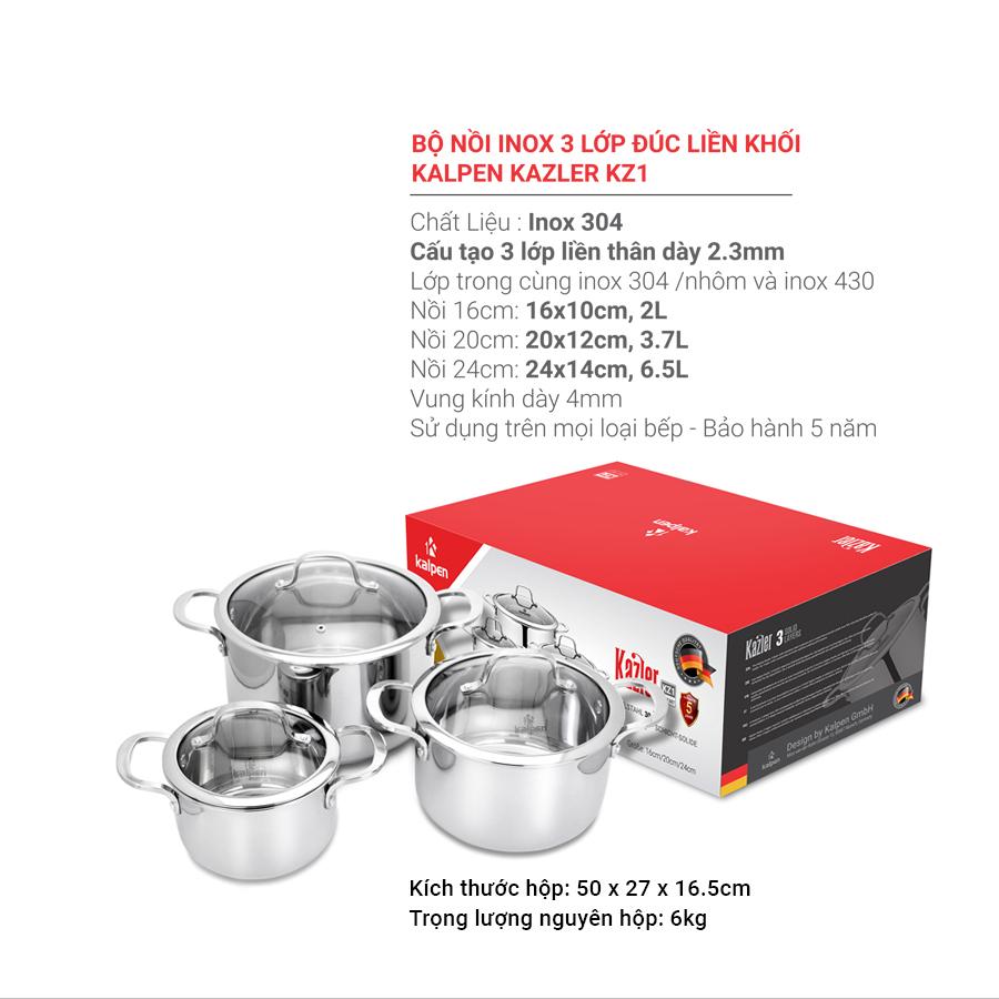 Bộ Nồi INOX 304 Cao Cấp 3 Lớp Liền Khối Kazler KZ1 Size 16-20-24cm Hàng Chính Hãng KALPEN-GIA DỤNG ĐỨC