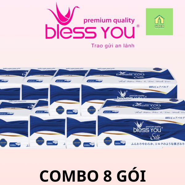 Combo 8 gói giấy lụa rút Bless You Silk 200 tờ loại 2 lớp Vaca Baby House