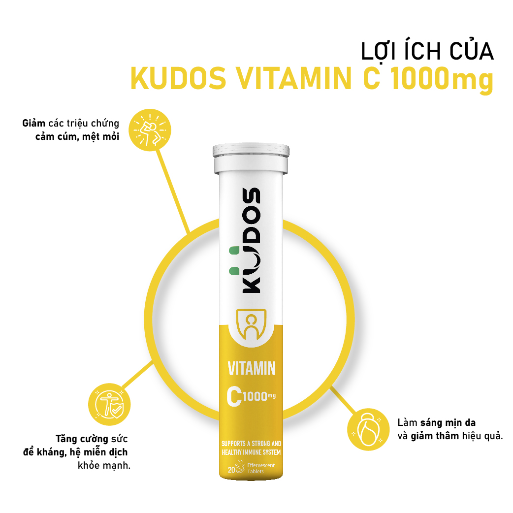 Viên sủi vitamin C KUDOS VITAMIN C 1000 mg giúp tăng đề kháng, sáng da, hương Chanh (20 viên/ Tuýp)