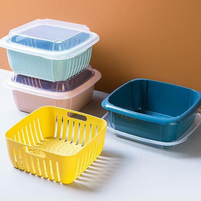 Combo bộ rổ nhựa vuông 6 món kèm chậu ráo nước hai lớp cao cấp tiện lợi
