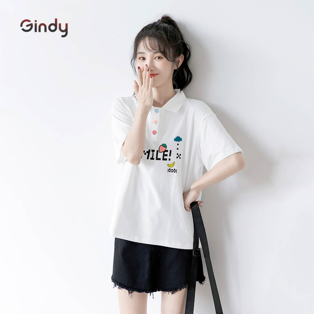 Áo thun phông nữ polo GINDY Smile cổ bẻ cotton tay lỡ phong cách unisex vải cotton thoáng mát A8108