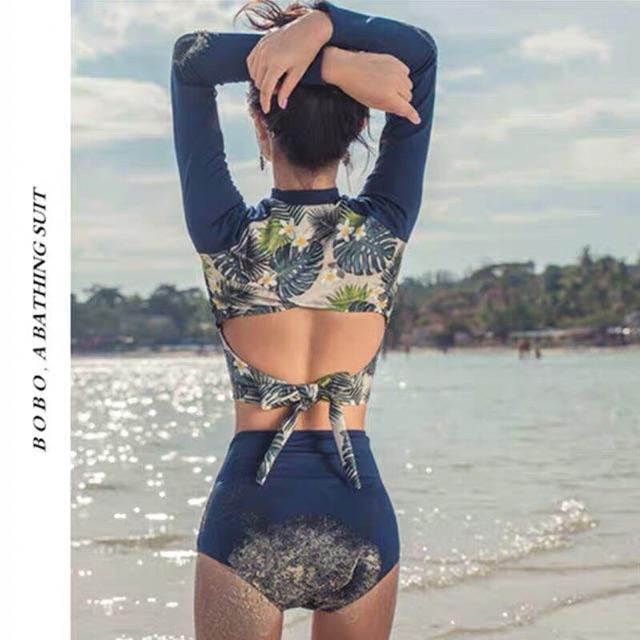 Bikini /đồ bơi tay dài hoa lá quần cạp cao
