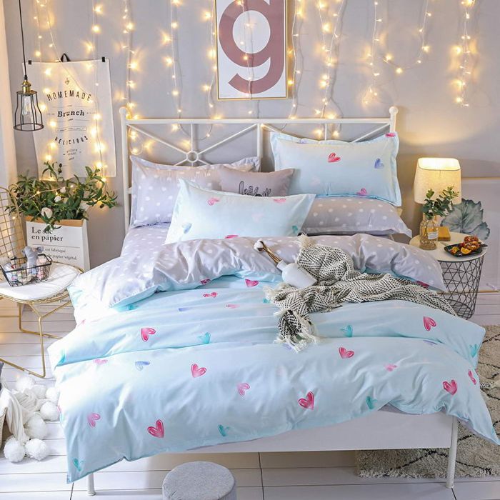 Bộ chăn ga gối Cotton cao cấp 1m6x2m trái tim hồng dễ thương DQK121