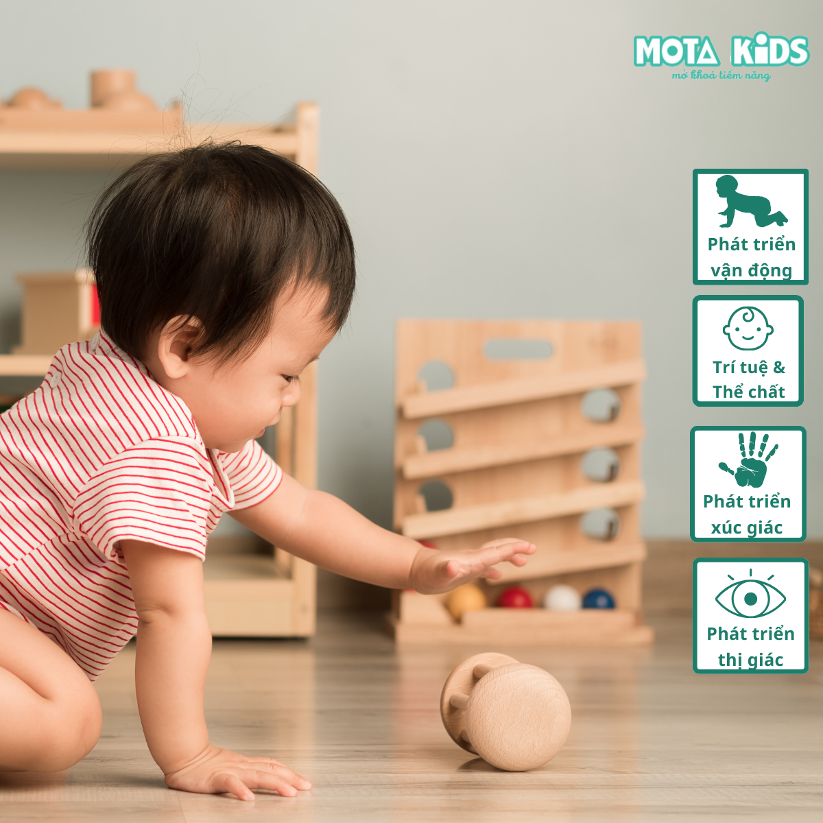 Đồ chơi lồng chuông gỗ cho bé 6-9 tháng Montessori Mota - Rèn luyện vận động tay - Hàng chính hãng