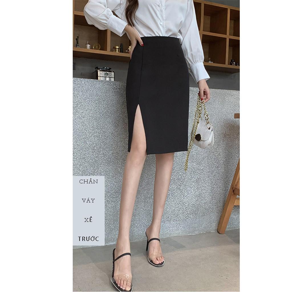 Chân váy công sở dài bigsize màu đen ôm body xẻ trước dài 63cm