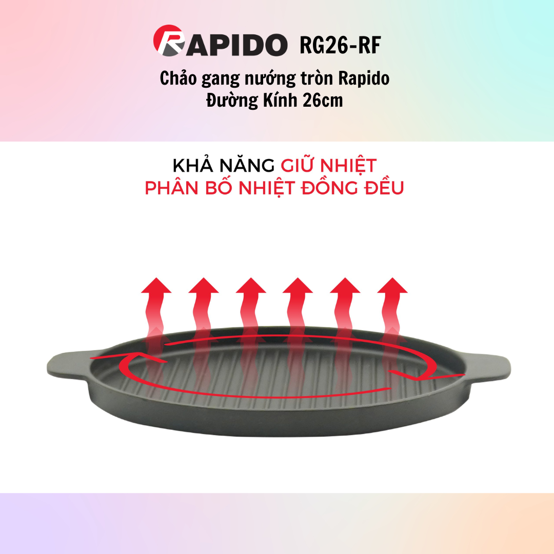 Chảo Gang Nướng Dạng Tròn Rapido RG24-RF/RG26-RF (Đường Kính 24cm-26cm) - Hàng Chính Hãng