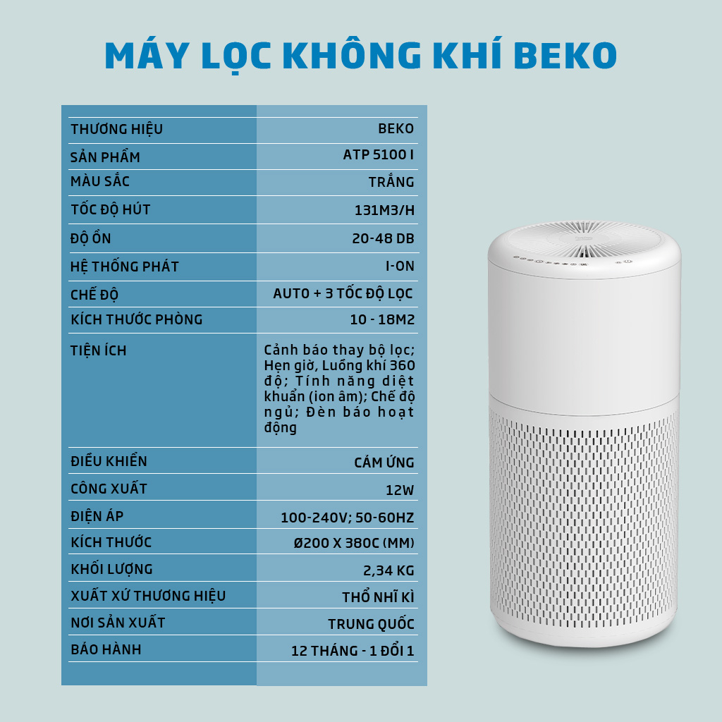 Máy Lọc Không Khí BEKO Bộ Lọc HEPA 13 Cao Cấp, Cảm Biến Bụi Mịn PM 2.5, Dành Cho Phòng 10-18m2 - ATP5100I - Hàng Chính Hãng