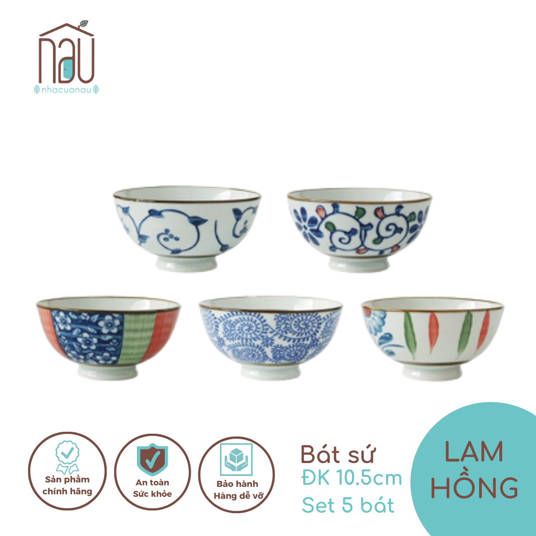 Set 5 bát cơm Lam Hồng phong cách Nhật Bản phù hợp làm quà tặng sản phẩm vẽ tay tỉ mỉ có triện đáy