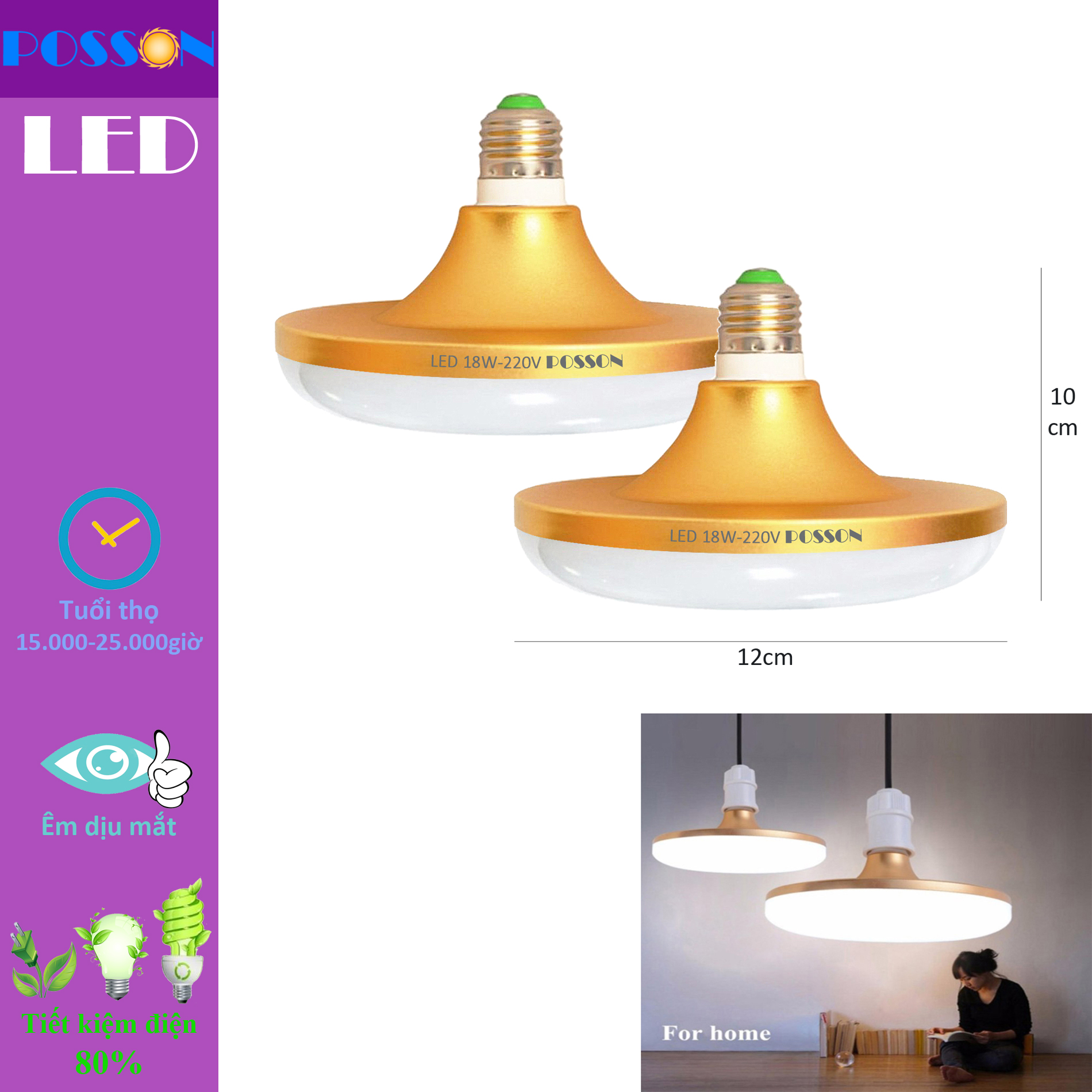 2 Bóng đèn Led 18w ( 20w ) UFO tiết kiệm điện sáng trắng Posson L-UFO18