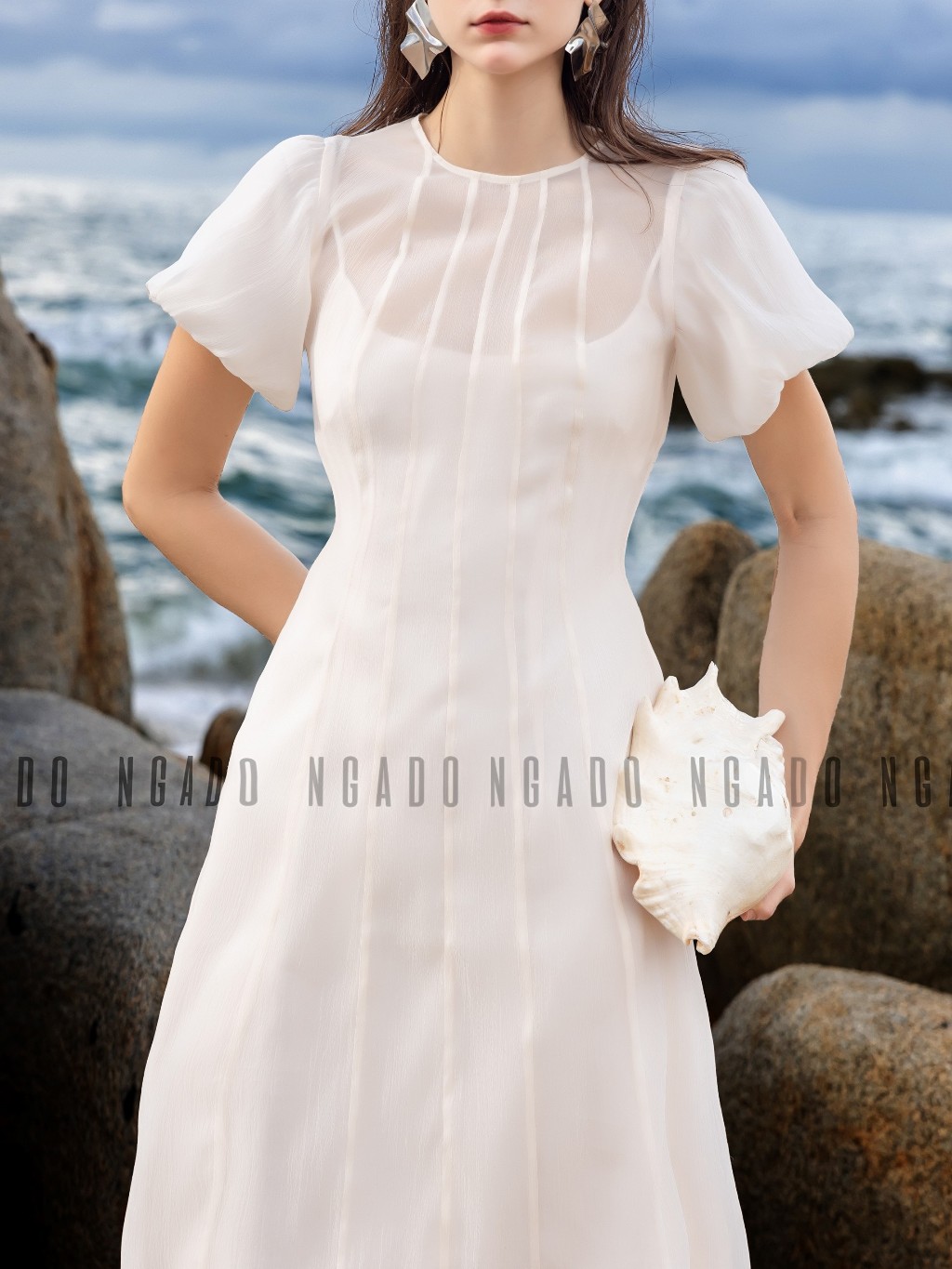 Đầm voan tơ kem tay phồng NGADO, Đầm xòe vintage, Đầm thiết kế, Đầm dự tiệc