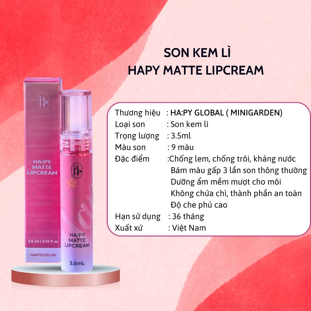 Son kem lì HA:PY Matte Lip Cream bám màu lâu trôi 3.5ml - Phiên bản son Hapy 2023 son siêu lì lâu trôi giữ màu 24h kháng nước ăn uống không lem không trôi không dính khẩu trang