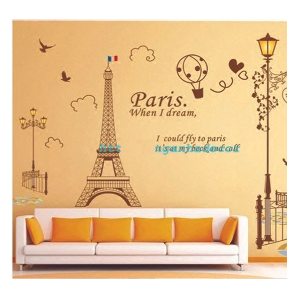 Combo Decal Dán Tường Tháp Paris Và Cột Đèn Nâu PK470