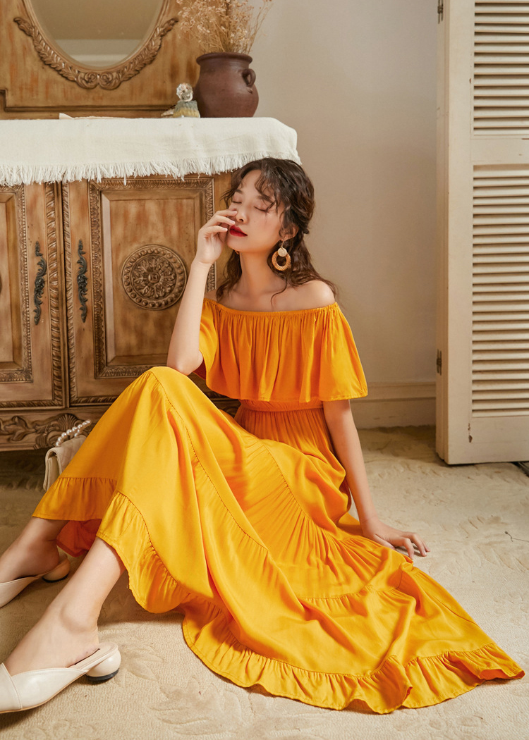 Đầm maxi trần vai tay bèo rộng, chất cotton mềm mại, thoáng mát, dáng dài dễ mặc, bầu bí có thể mặc | MX060