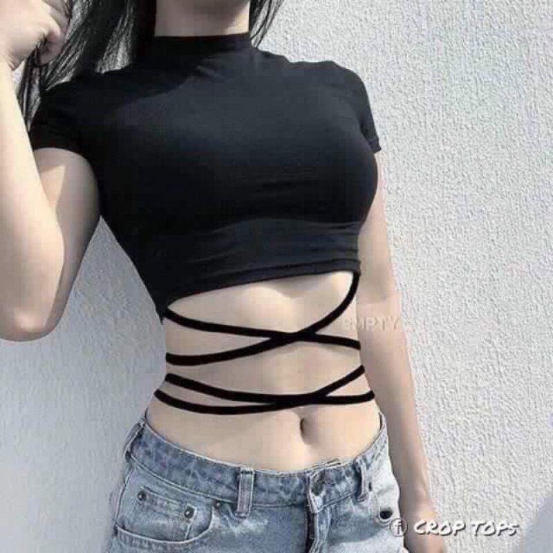 Áo thun croptop dây buộc eo ôm dáng vải thun lạnh