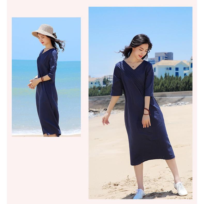 Đầm suông linen tay lỡ cổ chữ V trần trước, thời trang hè thu 2021
