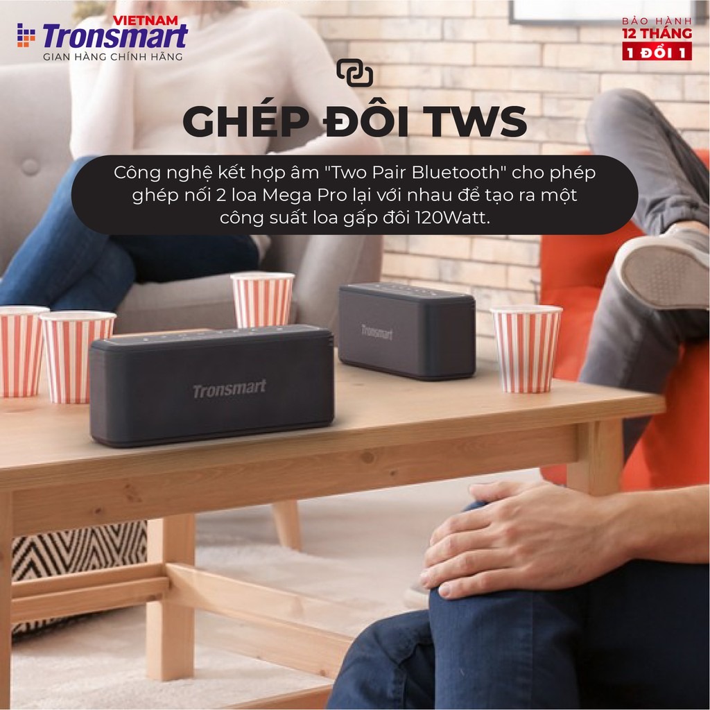 Loa Bluetooth Không Dây Tronsmart Element Mega Pro, BT 5.0, Công suất 60W, Hỗ trợ TWS và NFC ghép đôi 2 loa - Hàng chính hãng