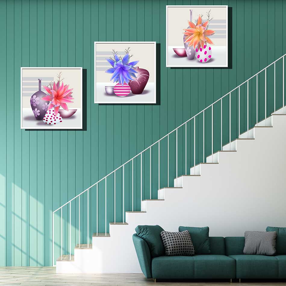 Bộ 3 tranh canvas treo tường Decor Họa tiết bình hoa cách điệu - DC179