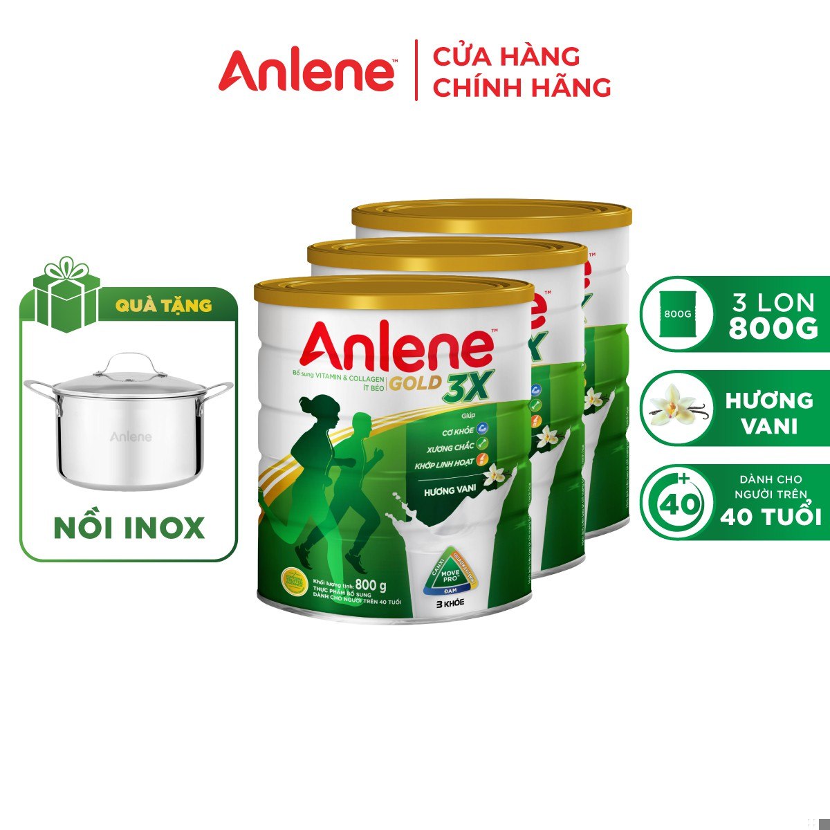 Combo 03 Sữa Bột Anlene Gold 3X Hương Vanilla (Hộp thiếc 800g) - Tặng nồi inox