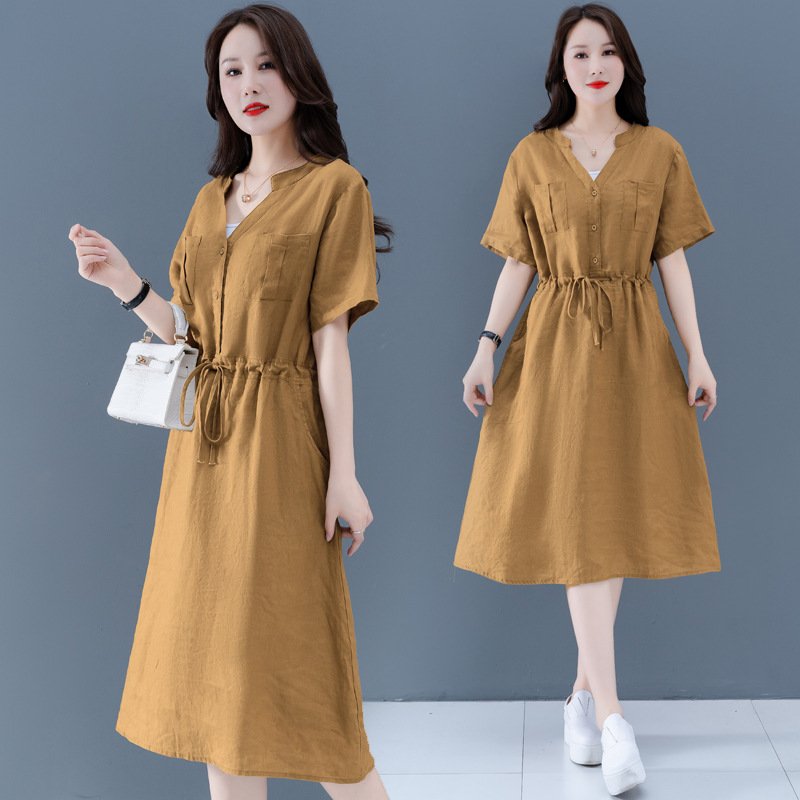 Đầm suông linen cổ V phong cách công sở, thiết kế 2 túi trước thời trang, lên form chuẩn CS72