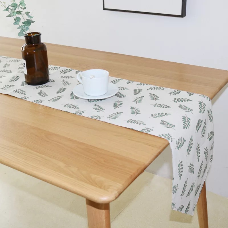 Khăn trải bàn table runner vải bố - Họa tiết Lá xanh - mẫu B04