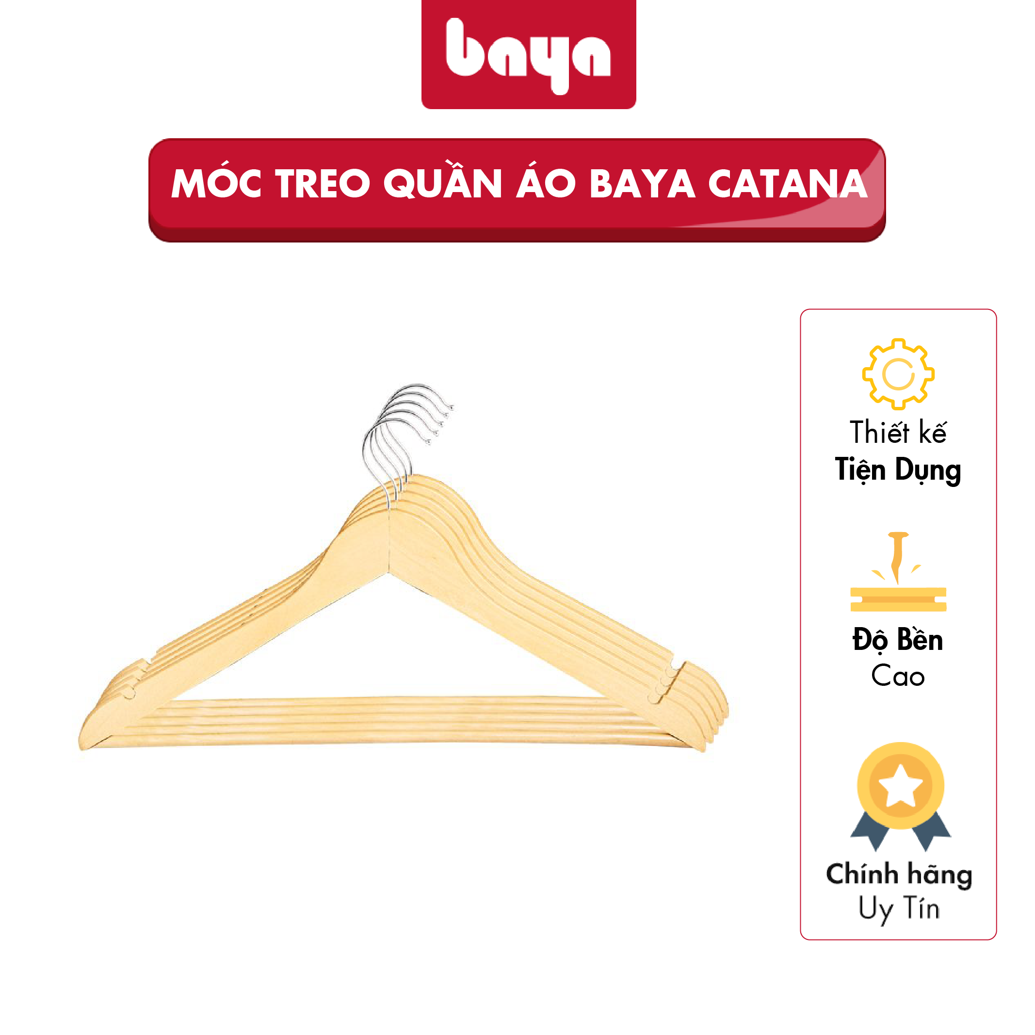 Bộ 5 Móc Treo Gỗ Treo Quần Áo BAYA CATANA Móc Treo Đồ Làm Từ Gỗ Thông Mang Màu Sắc Tự Nhiên, Chống Thấm Nước, Không Bị Cong Vênh Méo Mó Khi Phơi Đồ 2000201