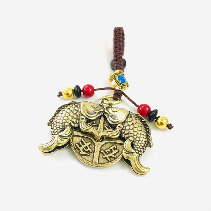 Móc Khóa Đồng Song Ngư Cá Chép, kích thước 4.2 x 0.7cm, màu đồng, dùng để trang trí bàn sách, bàn học, treo trên xe ô tô, treo vào móc khóa - SP005227