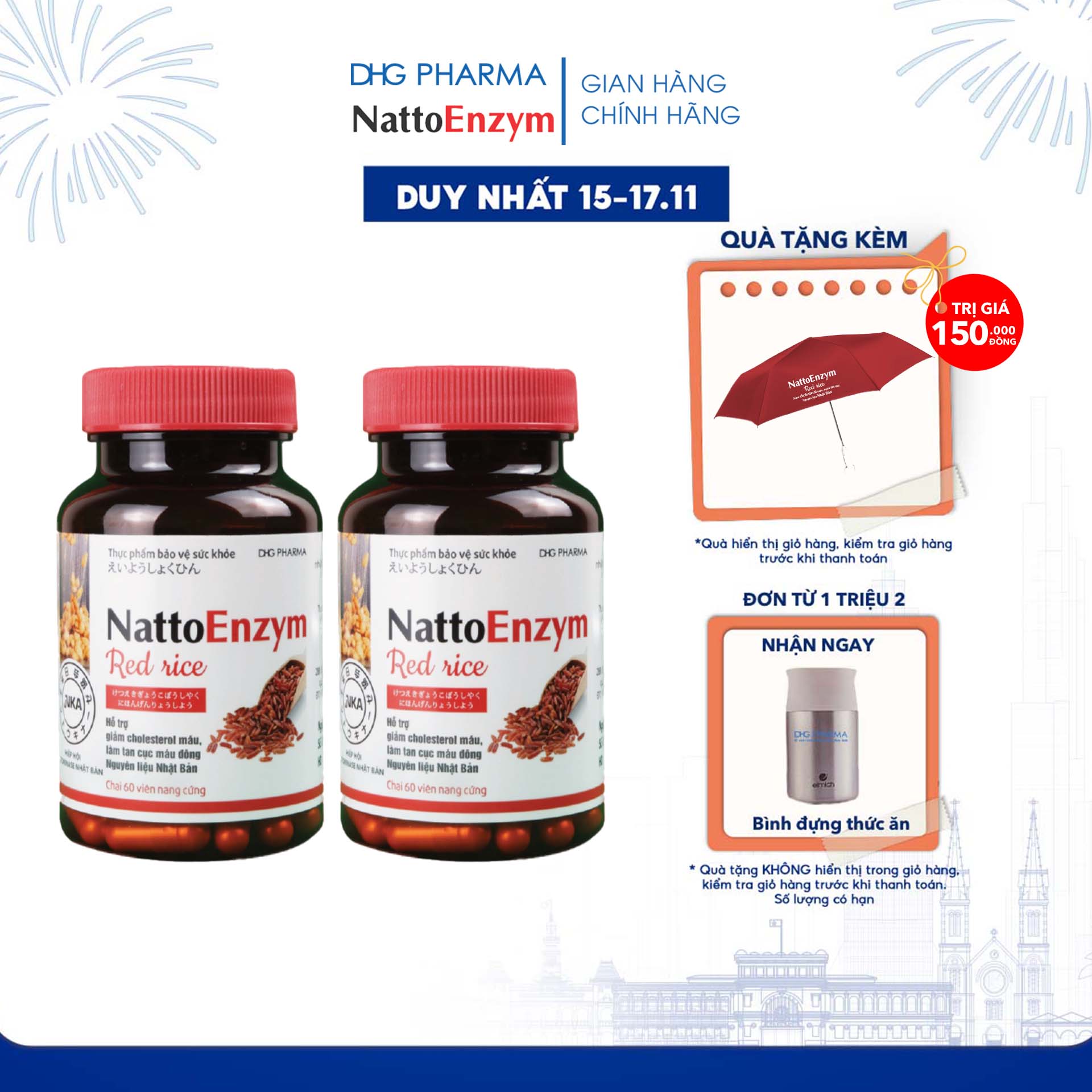 Combo 2 chai TPCN NattoEnzym Red Rice hỗ trợ giảm cholesterol, giảm nguy cơ tắc mạnh đột quỵ 1 chai x 60 viên - Chính hãng DHG Pharma