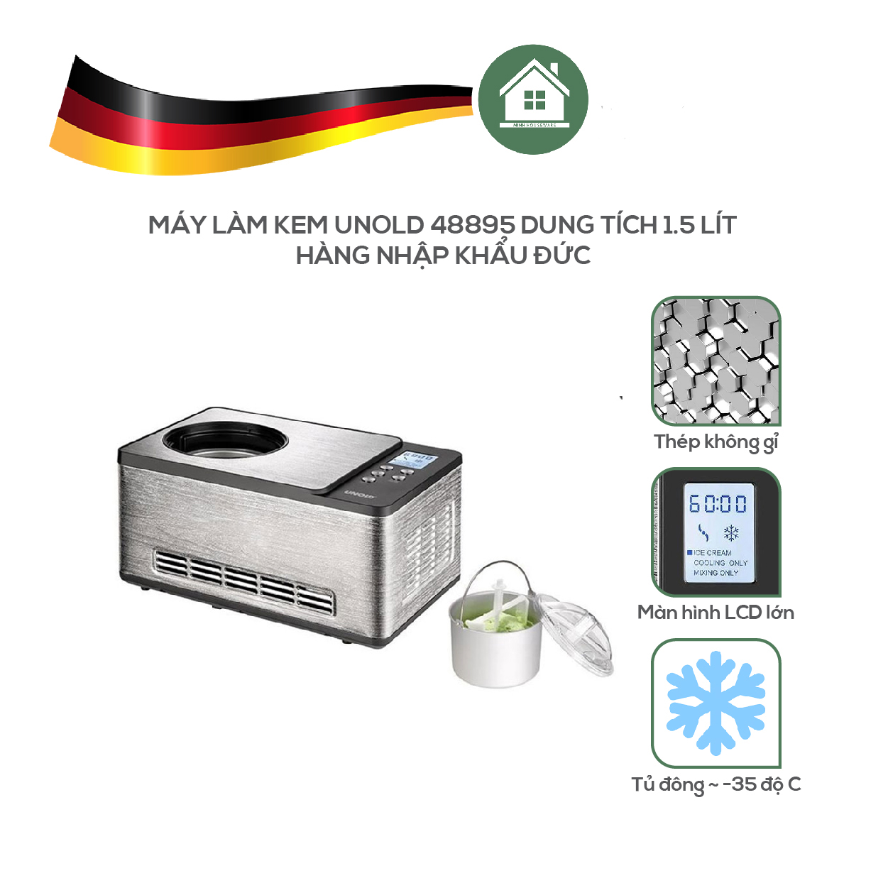 Máy Làm Kem UNOLD 48895 Dung Tích 1.5 Lít, Hoàn Toàn Tự Động, Tự Làm Đông - Hàng Nhập Khẩu Đức