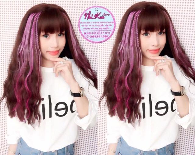 Tóc giả cao cấp moc line hồng phấn- tặng lứoi chùm tóc