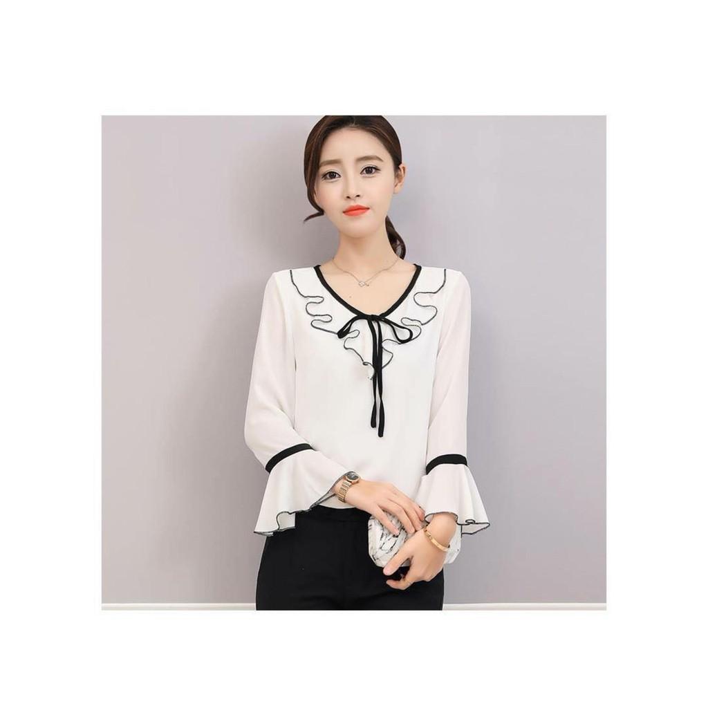 Áo công sở tay dài cách điệu cổ bèo trắng